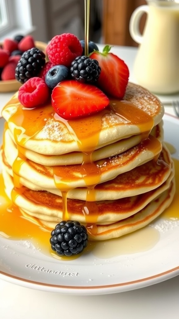 Fluffy cottage cheese pancakes topped with syrup and fresh berries on a plate.